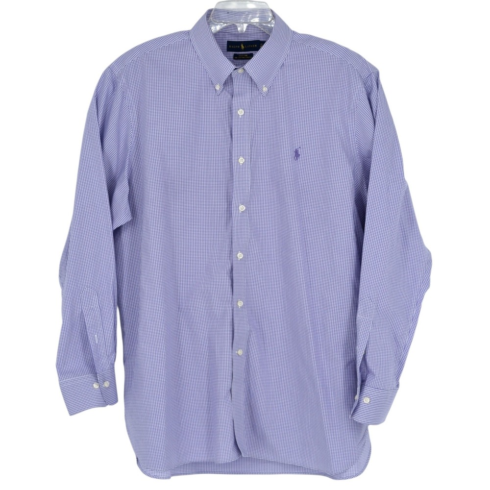 Ralph Lauren Mens 17.5 Purple Gingham Button Down Shirt Easy Care Stretch Cotton